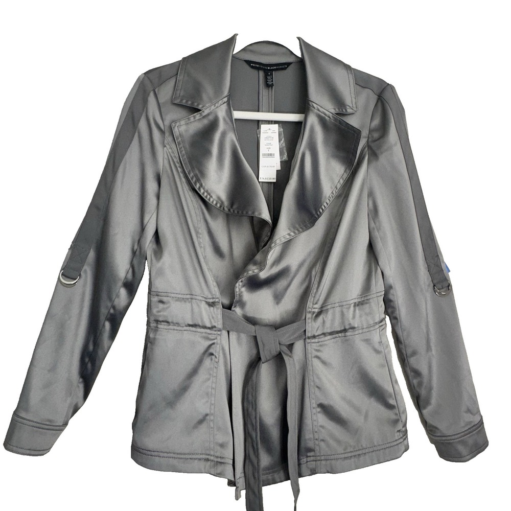 White House Black Market Gray Satin Open Tie Waist Jacket NWT Women's Size 4